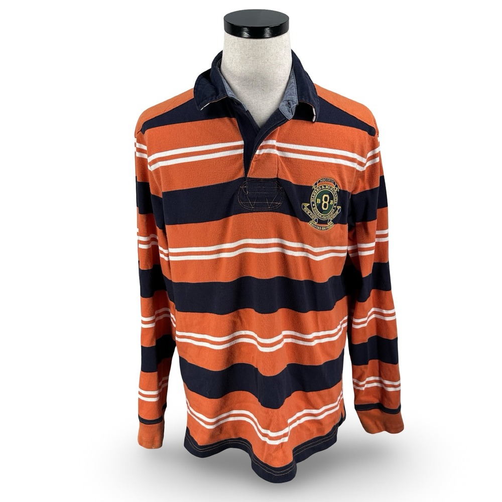 Brooks Brothers Mens XL Rugby Shirt Orange Navy Blue Striped Elbow Patches Crest